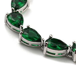 Green Teardrop Glass Link Chain Bracelets, Rack Plating Platinum Plated Brass Jewelry for Women, Green, 8 inch(20.3cm)