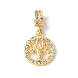 Настоящее золото 18K Латунное микропейв с кубическим цирконием европейские подвески с подвесками, без кадмия и без свинца, древо жизни, реальный 18 k позолоченный, 25 мм, отверстие : 5 мм