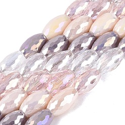 Rosy Brown Electroplate Mixed Styles Glass Beads Strands, Rice, Faceted, Rosy Brown, 9.5~10.5x6~6.5mm, Hole: 1~1.4mm, about 44~45pcs/strand, 17.52~17.91 inch(44.5~45.5cm)