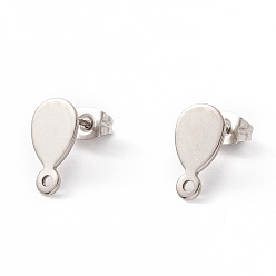 Stainless Steel Color Non-Tarnish 201 Stainless Steel Stud Earring Findings, with 304 Stainless Steel Pins, Horizontal Loops and Ear Nuts, Teardrop, Stainless Steel Color, 13x7mm, Hole: 1.4mm, Pin: 0.8mm
