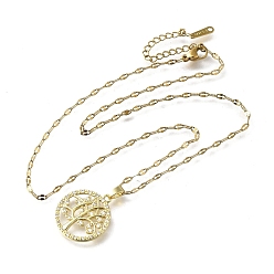 Золотой Подвески из латуни с микропаве из прозрачного кубического циркония в виде дерева жизни, 304 из нержавеющей стали цепи ожерелья, золотые, 16.06 дюйм (40.8 см), Кулон : 21.5x19x2.5 мм