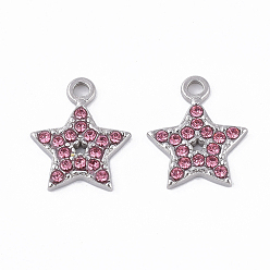 Rose 304 Stainless Steel Pendants, with Rhinestone, Star, Rose, 15.5x13x2mm, Hole: 2mm