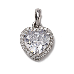 Сердце 925 подвески из стерлингового серебра с прозрачными кубическими цирконами, Реальная платина, родий, сердце, 20 мм, Сердце: 16x13.5x6.5 mm, отверстие : 4.5x4 мм