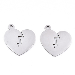 Stainless Steel Color Non-Tarnish 201 Stainless Steel Pendants, Laser Cut, Split Heart, Stainless Steel Color, 18x17x0.9mm, Hole: 1.8mm
