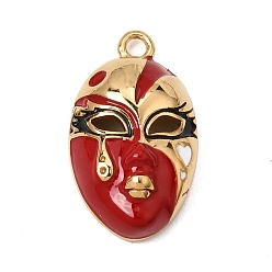 Red 304 Stainless Steel Enamel Pendants, Masquerade Face Charm, Ion Plating(IP), Long-Lasting Plated, Real 18K Gold Plated, Red, 30x17.5x9mm, Hole: 2.5mm