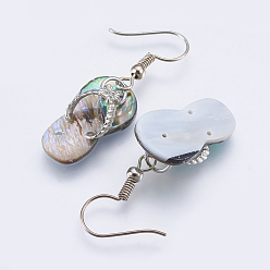Colorful Natural Paua Shell/Abalone Shell Dangle Earrings, with Brass Findings, Flip Flops, Colorful, 40~41mm, Pin: 0.7mm