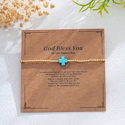 Небесно-голубой Латунные круглые бусины эластичные браслеты, Украшения для женщин: крестик из смолы., реальный 18 k позолоченный, с открытки, голубой, 6.89 дюйм (17.5 см)