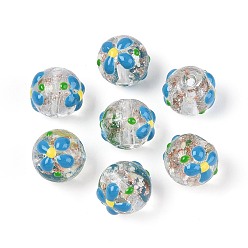 Стально-синий Светящиеся бусины лэмпворк из золота и песка ручной работы, круглая с цветком, с эмалью, светится в темноте, стальной синий, 11.5~13.5 мм, отверстие : 1.2~1.6 мм