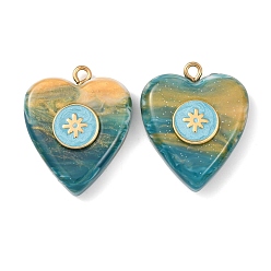 чирок 304 подвески из нержавеющей стали смолы, сердце с плоским круглым кулоном, с эмалью, золотые, зелено-синие, 28x23x6 мм, отверстие : 2 мм