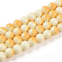 Золотистый Выпечки нарисованных стеклянных бусин прядей, имитировать фарфоровые бусины, круглые, два тона, золотые, 9.5~10 мм, отверстие : 1.2 мм, около 86~91 шт / нитка, 30.71~32.68 дюйм (78~83 см)