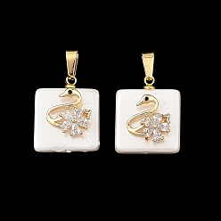 White Shell Pearl Pendants, Square with Swan & Flower Charms, with Brass Micro Pave Clear Cubic Zirconia Findings & 304 Stainless Steel Snap on Bails, White, 18.5x15x6x7mm, Hole: 6x2.5mm