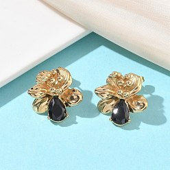 Черный День святого Валентина 304 Серьги-гвоздики из нержавеющей стали с кубическим цирконием для женщин, цветок с каплей, ионное покрытие (ip), реальный 18 k позолоченный, чёрные, 22x21.5 мм