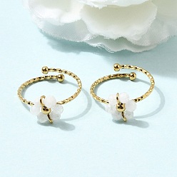 Белый Нефрит Регулируемые 304 кольца-манжета из нержавеющей стали с натуральным белым нефритом, цветок, ионное покрытие (ip), реальный 18 k позолоченный, 17 мм