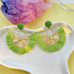 Желто-Зеленый Серьги-гвоздики из сплава рафии в стиле бохо, золотые, желто-зеленый, 70x65 мм