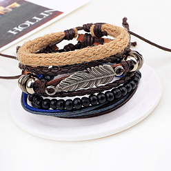 Colorful Adjustable Leaf Alloy Braided Leather Cord Wooden Beaded Multi-strand Bracelets, Stackable Bracelets, 4 Strands/set, Colorful, 60mm