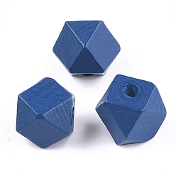 Marine Blue Painted Natural Wood Beads, Polyhedron, Marine Blue, 13x13x10~10.5mm, Hole: 2.5mm