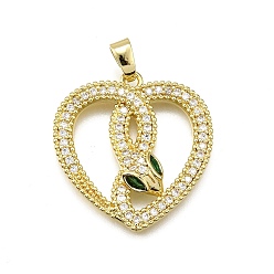 Настоящее золото 18K Латунные микро проложить кубического циркония подвески, сердце со змеей, долговечный, без свинца и без кадмия, стойки покрытие, реальный 18 k позолоченный, 27x26x4 мм, отверстие : 6x2.5 мм