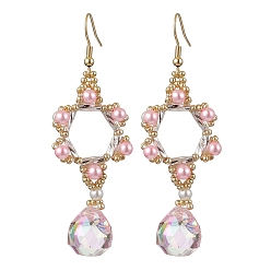 Pink Болтающие серьги из стекла, с акриловыми бусинами из искусственного жемчуга и 304 швензой из нержавеющей стали, цветок, розовые, 71x23 мм