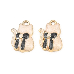 Black Alloy Enamel Pendants, Cat Shape with Bowknot Charms, Golden, Black, 19x13.5x4mm, Hole: 2mm