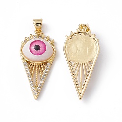Ярко-Розовый Стойка металлическая латунная микропрофилированная кубическая циркония подвески, cmолой, без кадмия, без никеля и без свинца, реальный 18 k позолоченный, конус с дурным глазом, ярко-розовый, 32x15x6.5 мм, отверстие : 3x4 мм