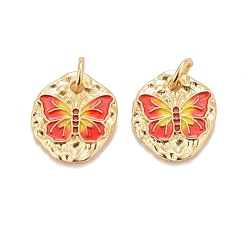 Настоящее золото 18K Подвески из латуни с эмалью в стойку, с прыжковых колец, без кадмия, без свинца и без никеля, плоские круглые с бабочкой, матовый стиль, реальный 18 k позолоченный, 12.5x11x1.5 мм, отверстие : 3.4 мм