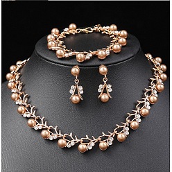 Золотой Ожерелья, браслеты и серьги-гвоздики из сплава, хрустальных страз и пластиковых жемчужин в форме листьев, золотые, 400 мм