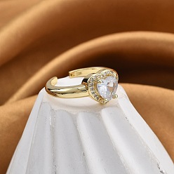 Прозрачный Кольца-манжеты для пальцев с покрытием из латуни с микропаве из прозрачного кубического циркония для женщин, долговечный, реальный 18 k позолоченный, сердце, прозрачные, 10x10 мм