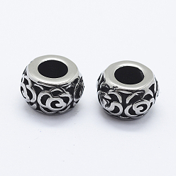 Antik Silber Farbe 316 chirurgische Edelstahlperlen, Großloch perlen, rondelle mit Blume, Antik Silber Farbe, 12x7.5 mm, Bohrung: 5.5 mm