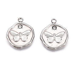 Нержавеющая Сталь Цвет 304 подвески из нержавеющей стали, с кристально горный хрусталь, плоские круглые с бабочкой, цвет нержавеющей стали, 15x12.5x2 мм, отверстие : 1.4 мм