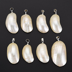Platinum Shell Pendants, with Brass Findings, Irregular Oval, Platinum, 28~39x14~20x8.5~11mm, Hole: 4x4.5mm