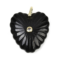 Обсидиан Резные подвески из натурального обсидиана, подвески в форме сердца с латунной микрофиброй и фианитами, золотые, 32x30x11.5 мм, отверстие : 6x5.5 мм