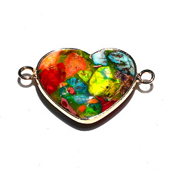 Зеленый лайм Окрашенные натуральные императорские яшмы звенья соединительные подвески, сердечные ссылки, платина, зеленый лайм, 33x21 мм