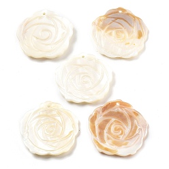 (404) Непрозрачное AB Кислое яблоко Резные подвески из натуральных пресноводных ракушек, , цветочный белый, 43~44x43~44x3~4 мм, отверстие : 1.8 мм