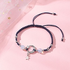 Морской Синий Сплав звезда шарм браслеты, плетеные браслеты из опаловых бусин для женщин, с нейлоновой нитью, Marine Blue, внутренний диаметр: 2.17~3.74 дюйм (5.5~9.5 см)