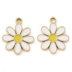Белый Ионное покрытие (ip) 304 брелоки из нержавеющей стали с эмалью, реальный 18 k позолоченный, цветочный шарм, белые, 13x11x1 мм, отверстие : 1.2 мм