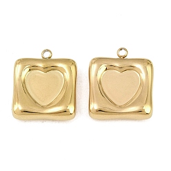 Golden 304 Stainless Steel Pendant Cabochon Settings, Square with Heart Charms, Ion Plating(IP), Golden, 19.5x17x5mm, Hole: 1.8mm, Tray Size: 10.5x10.5mm