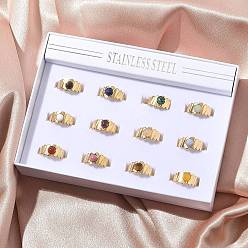 Смешанные камни Круглые кольца из смешанных натуральных камней, 304 из нержавеющей стали манжеты кольца, реальный 18 k позолоченный, ионное покрытие (ip), 2.5~10.5 мм, внутренний диаметр: регулируемый, 12 шт / комплект