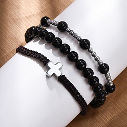 Обсидиан Регулируемые браслеты из плетеных бусин из натурального обсидиана и гематита, с крестообразным сплавным шариком, внутренний диаметр: 2-1/8~2-3/4 дюйм (5.45~6.85 см)