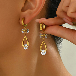 Золотой Полые серьги-кольца из нержавеющей стали с прозрачным кубическим цирконием в форме капли, элегантный ретро женский повседневный аксессуар, золотые, 46x8 мм