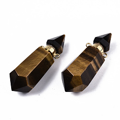Tiger Eye Faceted Natural Tiger Eye Pendants, Openable Perfume Bottle, with Golden Tone Brass Findings, Hexagon, 40~41.5x15x13.5mm, Hole: 1.8mm, Bottle Capacity: 1ml(0.034 fl. oz)