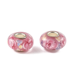 Pink Lampwork & Brass Core European Beads, Large Hole Beads, Rondelle with Flower, Pink, 15x7.5mm, Hole: 4mm