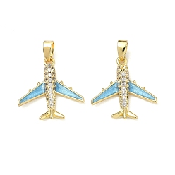 Настоящее золото 18K Латунные микропаве прозрачные подвески с фианитом, с эмалью, прелести самолета, реальный 18 k позолоченный, 18.5x18x3.5 мм, отверстие : 2.5x5 мм