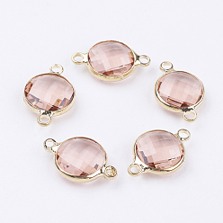 Персиковый Слойка Золотистые латунные стеклянные соединители, граненые, плоско-круглые, розовые, 16x10.5x4 мм, отверстие : 1.5 мм