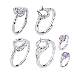 Серебро 4шт. 4 стили латунные стразы регулируемые кольцевые компоненты, Настройки колодки кольцо, сердце, каплевидный и овальный, серебряные, внутренний диаметр 16.5~17.5 mm, 1 шт / стиль