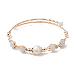 Аквамарин Круглый браслет-манжета с натуральным аквамарином и бисером, браслет из золотой латунной проволоки, внутренний диаметр: 2 дюйм (5~5.15 см)