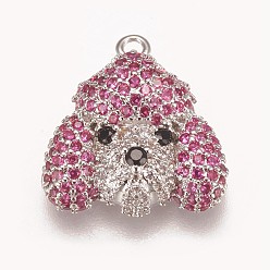 Платина Латунные подвески из микропаве из циркония, очарование пуделя, ярко-розовый, платина, 15x14.5x5 мм, отверстие : 1.2 мм