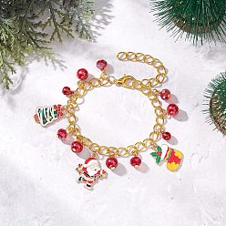 (52) Непрозрачная лаванда Рождественские браслеты с подвесками из эмали из сплава, Браслеты с круглыми подвесками из латуни с вакуумным покрытием PVD и стеклянным жемчугом, с цинковым сплавом застежками омаров коготь, разноцветные, 9-1/4~9-3/8 дюйм (23.6~23.8 см)