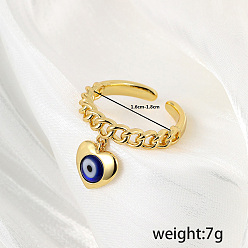 Золотой Латунные кубинские звенья цепи манжеты кольца для женщин, сердце с сглаза, золотые, внутренний диаметр: 16мм~18мм