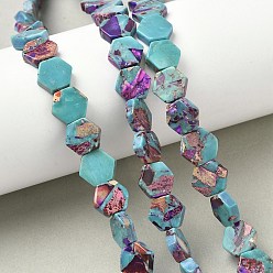 Фиолетовый Окрашенные нити синтетических бус императорской яшмы, шестиугольник, фиолетовые, 10.5~11.5x9.5~11x3~4 мм, отверстие : 1~1.2 мм, около 39~40 шт / нитка, 15.67'' (39.8 см) ~ 15.83'' (40.2 см)