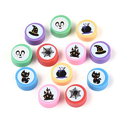 Разноцветный Печатные бусины из полимерной глины ручной работы, плоско-круглые, красочный, 9~10x4~5 мм, отверстие : 1.8~2 мм